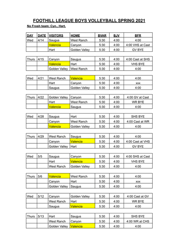 Schedule - VALENCIA HIGH SCHOOL BOYS VOLLEYBALL